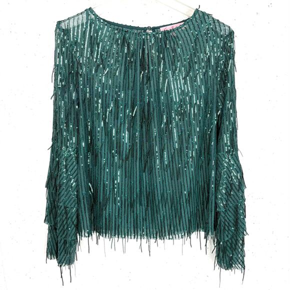 Anthropologie Eva Franco Sequin Fringe Acadia Top Glitter Pine Green Size Small - Picture 1 of 16